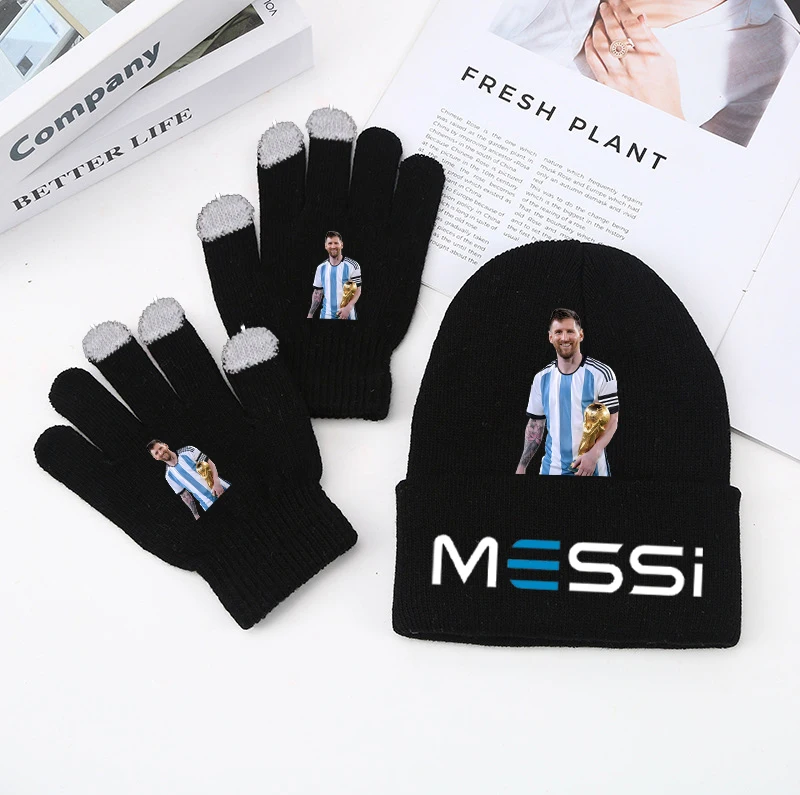 Unisex Winter Warm Knitted Beanie and Touch Screen Gloves 2in1 Set Messi Pattern Hat Gloves Kit Football Fans Gift for Men Women