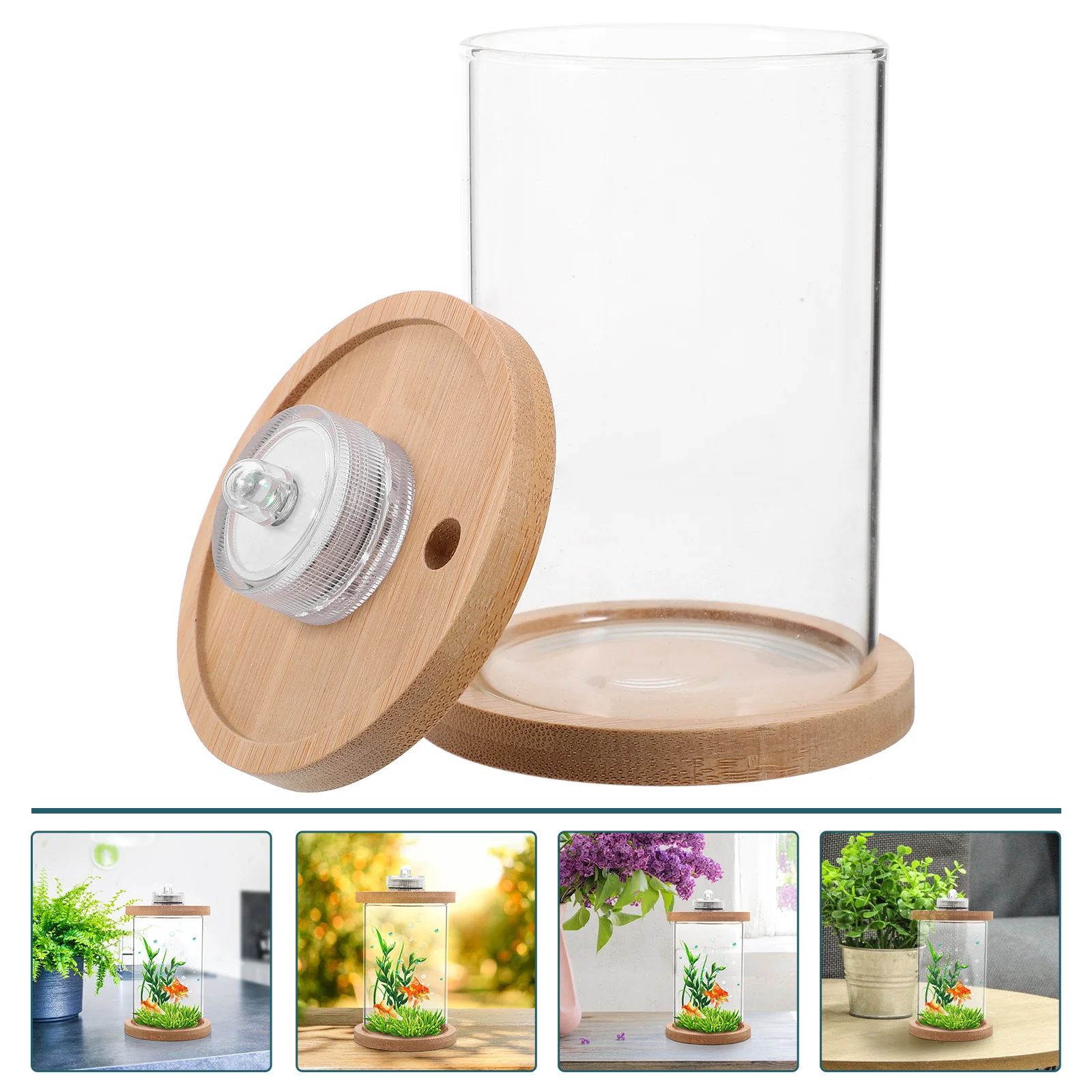 

Mini Fish Tank 10Cm Diameter 15Cm Height Crystal Clear Glass Led Aquarium Wooden Base For Desk Bedroom Decor Terrarium Kit Small