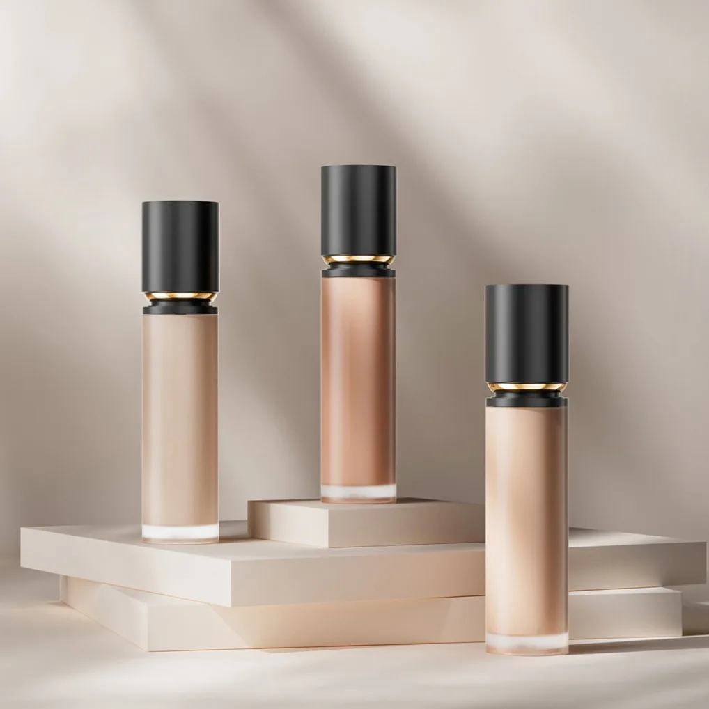 Base líquida correctora de larga duración, resistente al agua, vegana, personalizada, de etiqueta privada, cobertura completa, sin manchas, botella negra, cosméticos