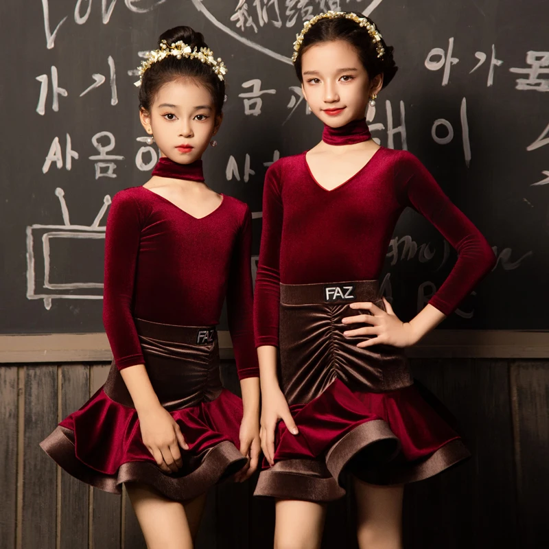 Girls Latin Dance Dress Children Latin Dancing Competition Suit V-Neck Long Sleeve Bodysuit Velvet Skirt Performance Wear 2249