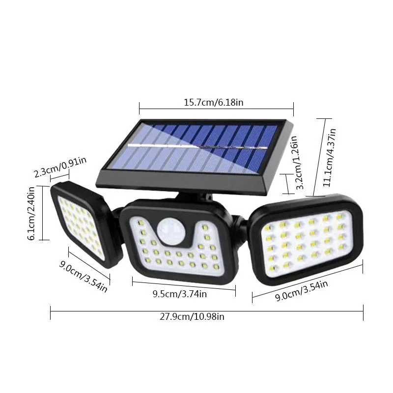 Nouvelle lampe de jardin extérieure solaire, applique murale inductive à trois volets à 74 LED, lumière d'arbre de jardin étanche extérieure