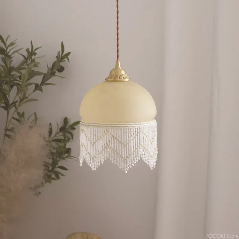 

GHEUVNJ French style glass tassel pendant light, American style hallway, foyer, bedroom headboard, bay window, small pendant li