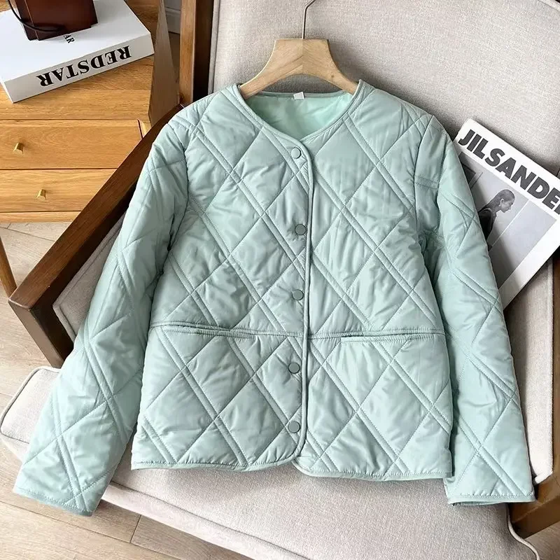 Autumn and Winter New Women's Slim Fit and Slimming Diamond Grid Round Neck Long Sleeved Versatile Lightweight Cotton Jacket