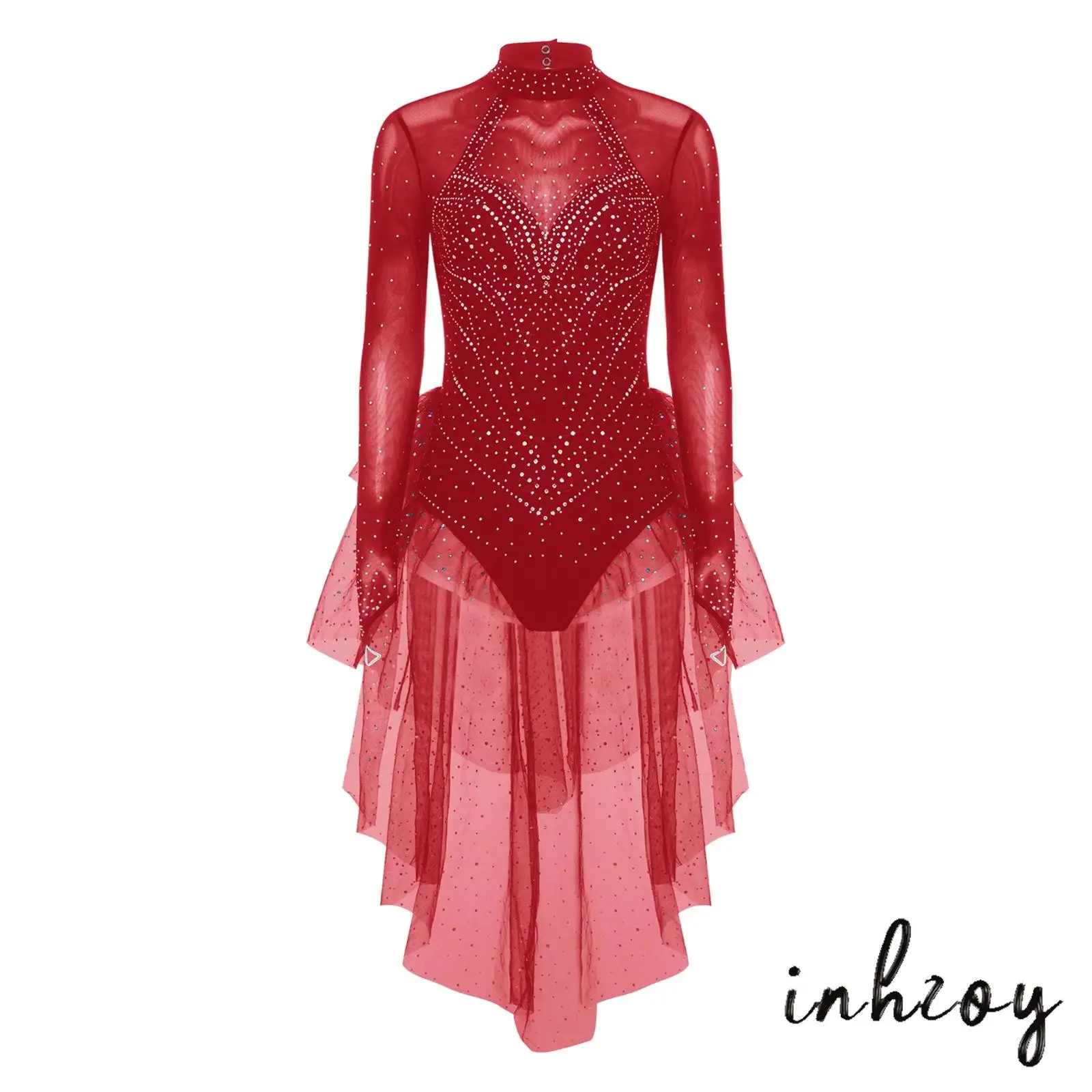Womens Figure Skating Dance Outfit Ballet Gymnastics Leotard Jumpsuit Long Sleeve Rhinestone Tiered Ruffled Tulle Skirt Bodysuit