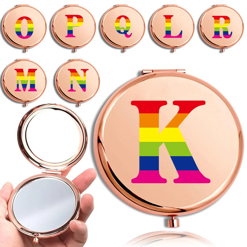 

Women Double Sided Makeup Mirror Cosmetic Round Metal Pocket Look Glass Durable Lightweight Purse Mirror Rainbow Letter Pattern