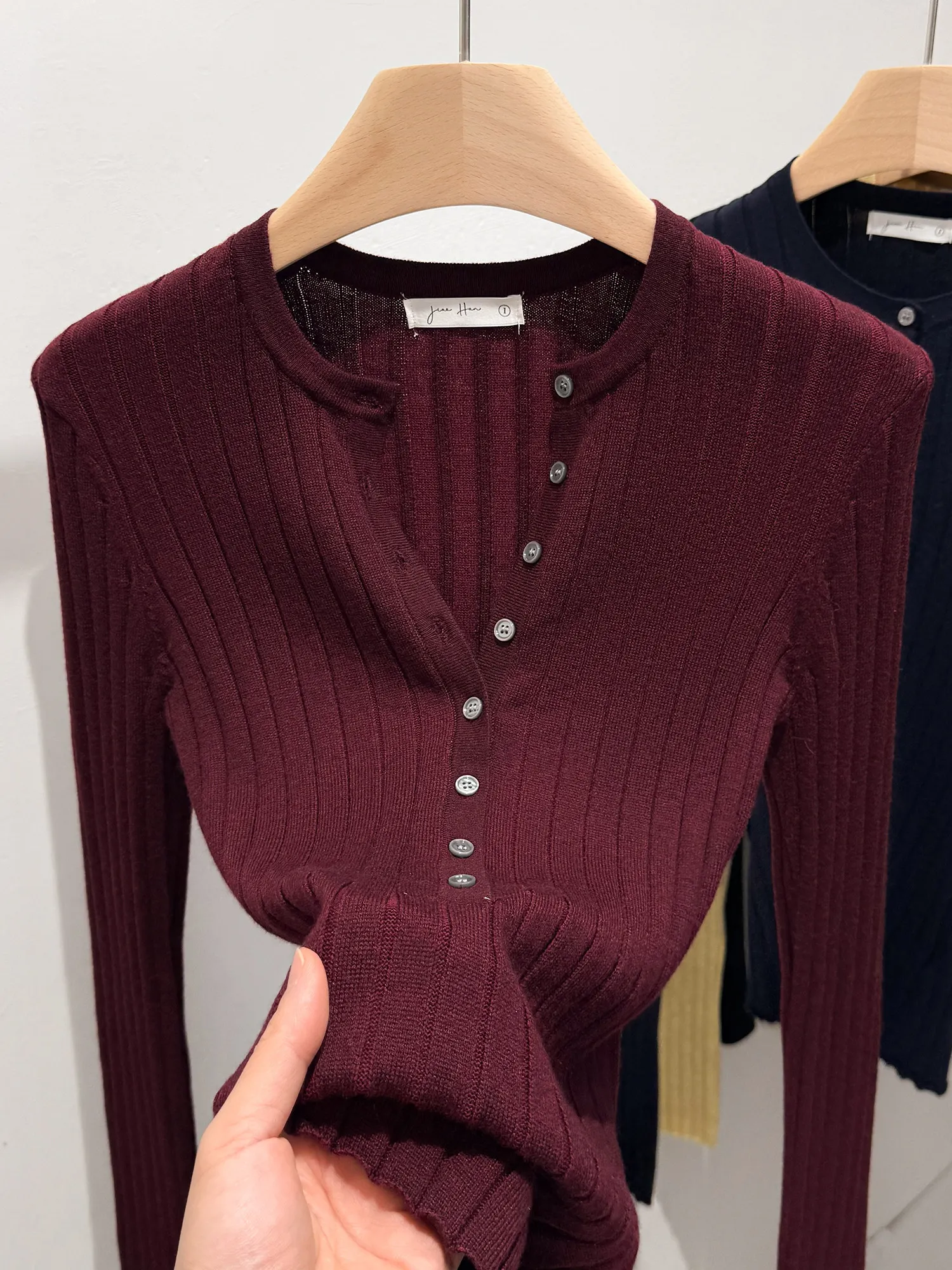 Ladies Vertical Textured Knit Pullover Top Elastic Fabric Long Sleeve Button Sweater Soft Basic Knit Jumper Office Daily Wear