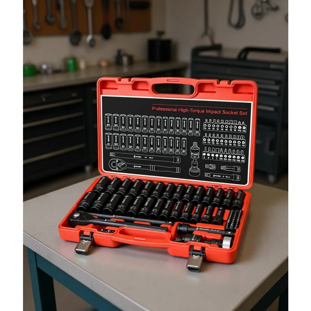 

63-Piece 1/2" Drive Impact Socket Set, SAE (3/8 to 1 inch) and Metric (10-24mm) Socket Wrench Set with Extension Bars,