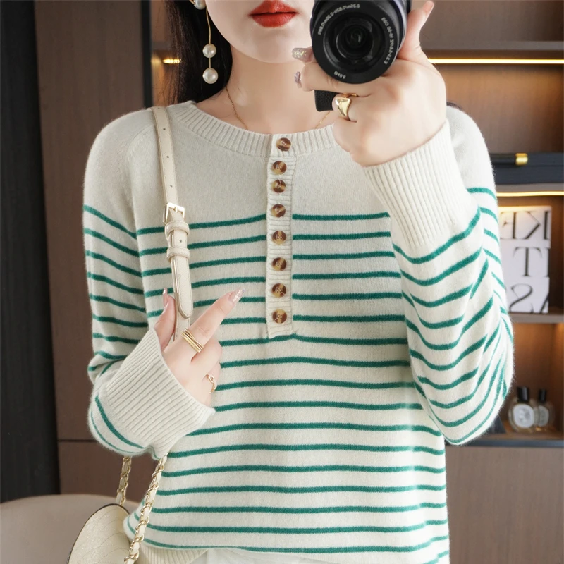 Women O-Neck Striped Cashmere Sweater Autumn and Winter Retro Women Knitted Pullover