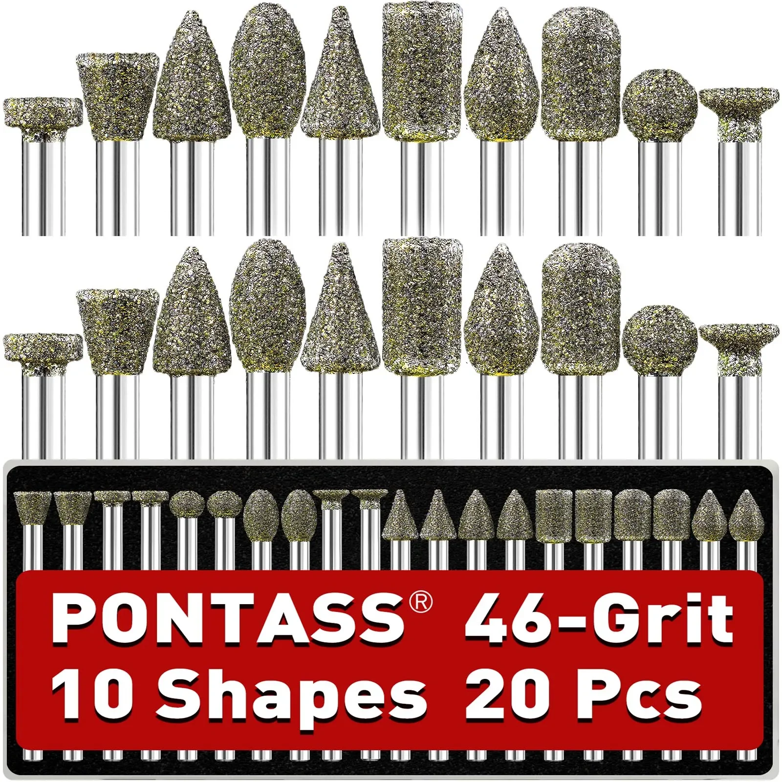 

20 шт., 46 грит, набор алмазных шлифовальных фрез, хвостовик 1/8 дюйма для резьбы по камню и шлифования стекла для керамики, гравировки, шлифования