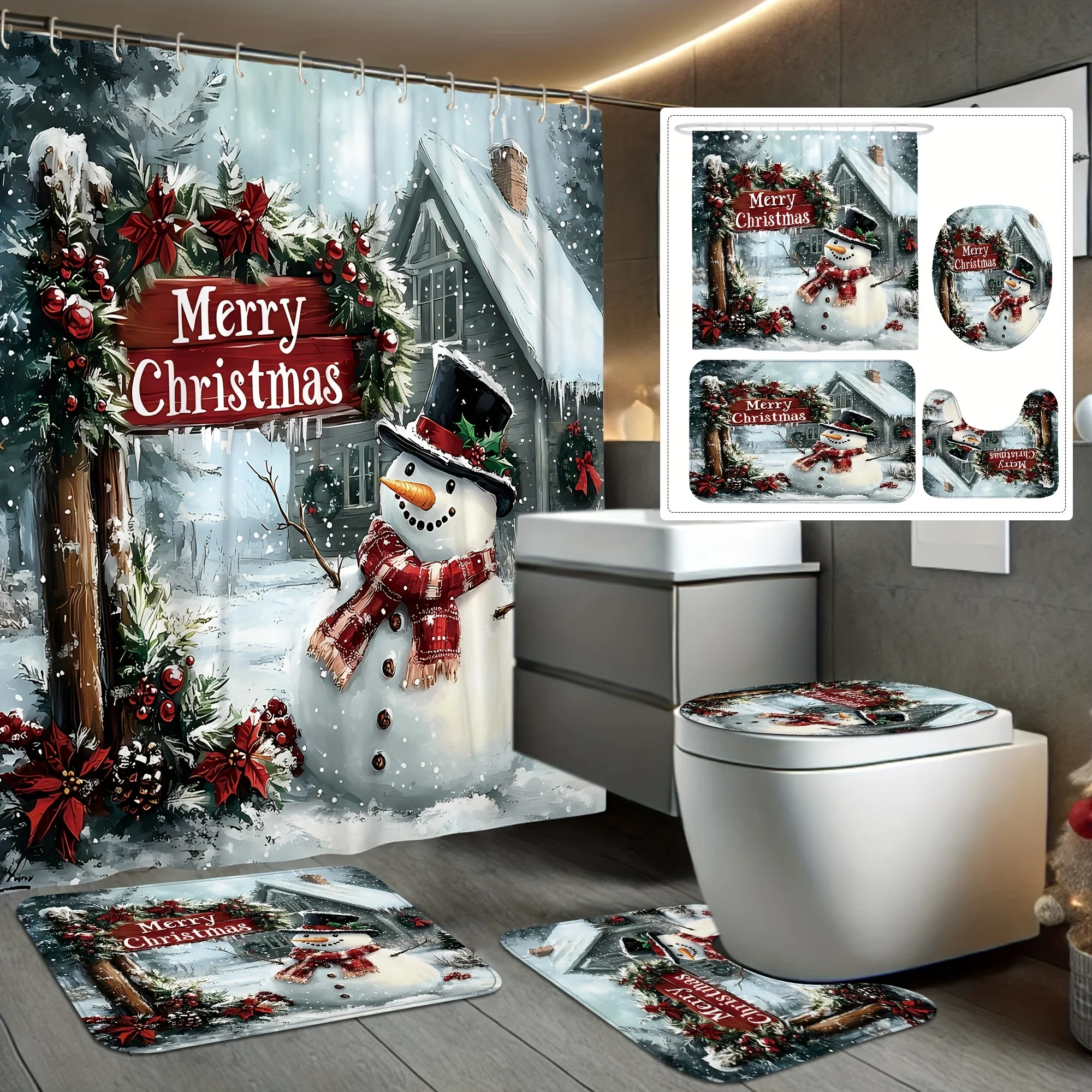 

Рождественский комплект занавесок для душа «Снеговик Пуансеттия Холли» с нескользящим ковриком и чехлом для унитаза, белый милый моющийся рождественский декор