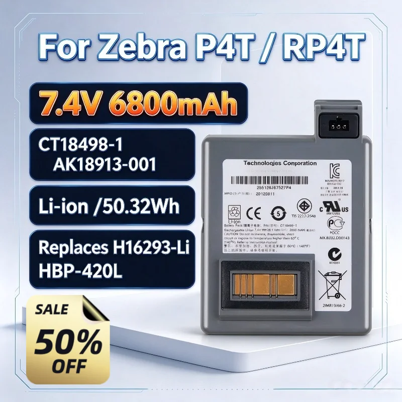 CT18499-1 Battery 7.4V 3800mAh Compatible with Zebra P4T RP4T RP4 Printer H16293-Li HBP-420L ZB42L1-D