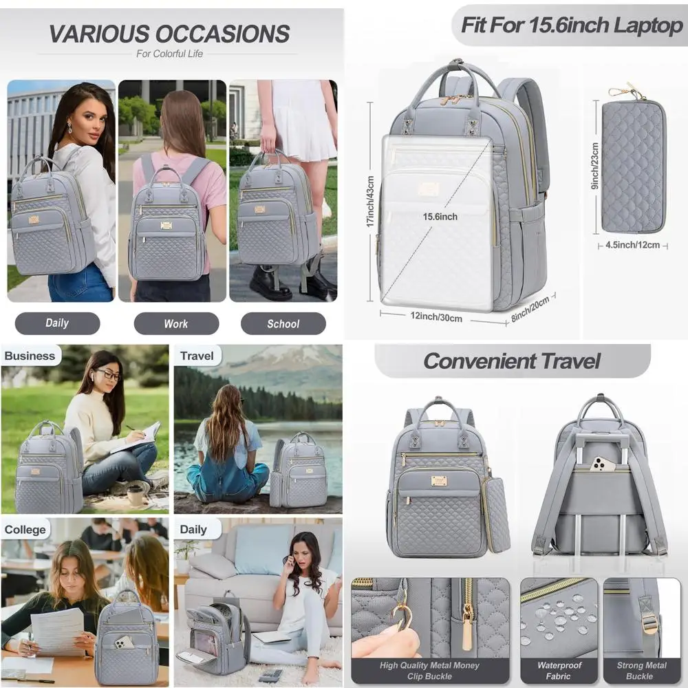

15.6 Women's Water-Resistant Laptop Backpack for Work and College, Includes Wallet