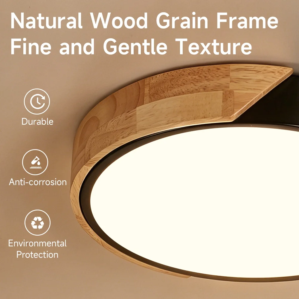 Wooden LED Ceiling Light With Memory Function Remote Control Dimming Ceiling Lamp For Bathroom Bedroom Living Room