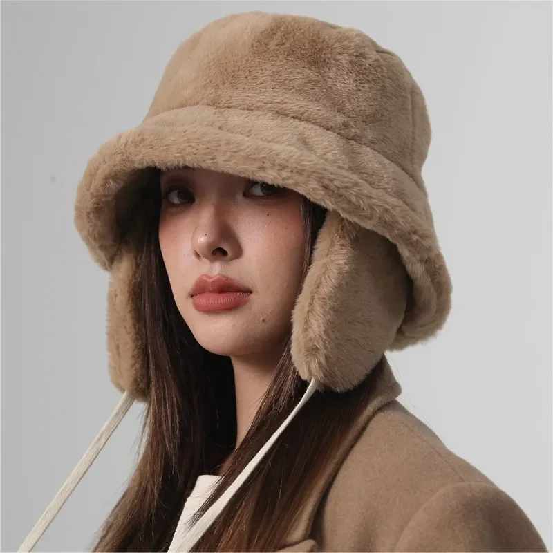 

Bomber Winter Warm Bucket Hat Hats for Women Golf Cap Hiking Hat Fur Hat Winter Barrel Cap Cotton Fabric Ear Protection Cap