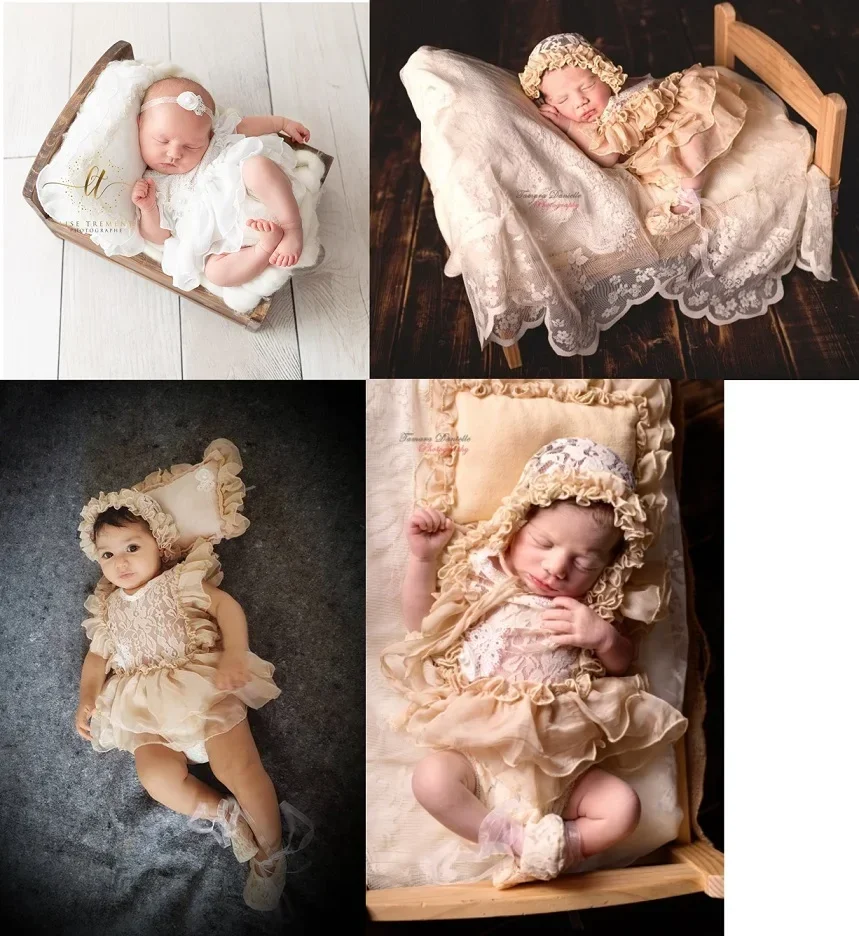 Newborn Photography Props Outfits BabyTutu Skirt and Lace Rompers Flower Headband Sets for Infants Bodysuits Pearl Lace Romper