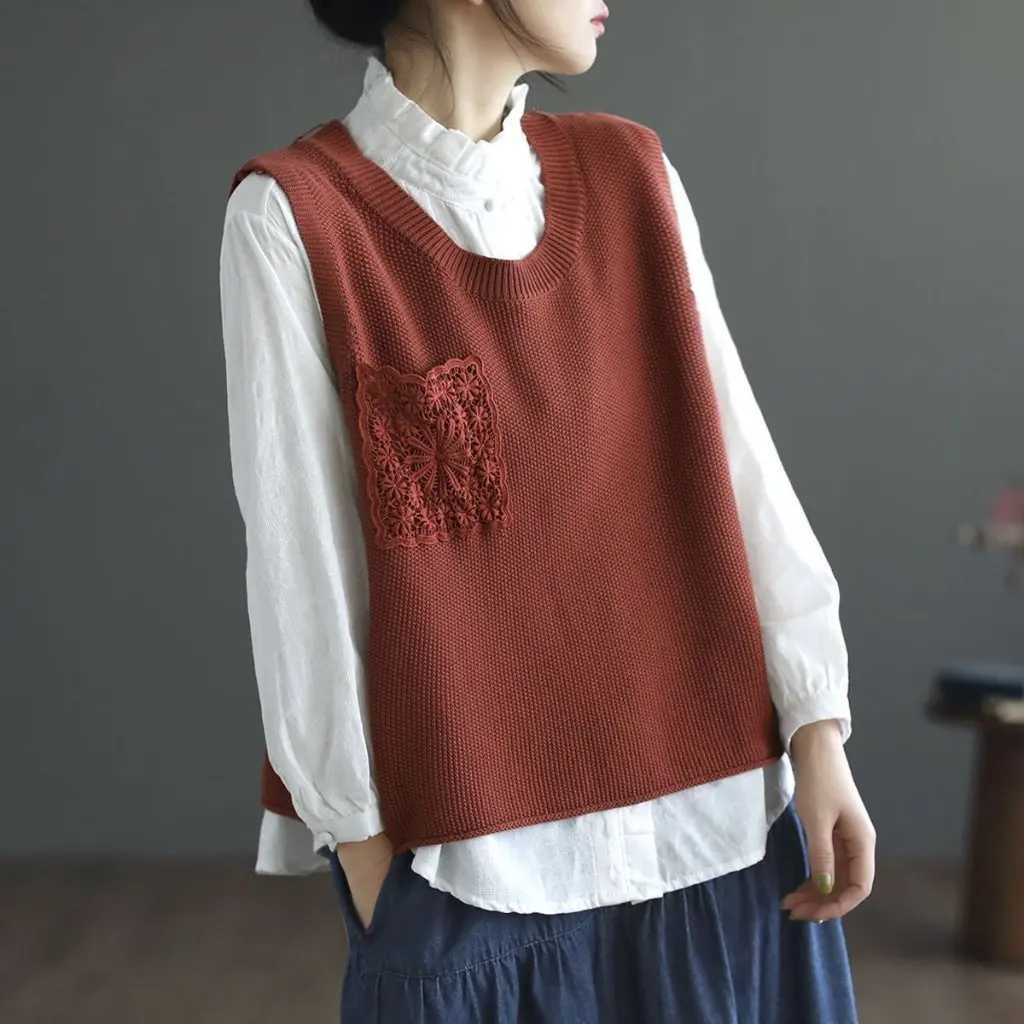 

Women's Casual Knitted Vest round Neck Pullover Top Lace Stitching Cotton Washed Spring New Fashion