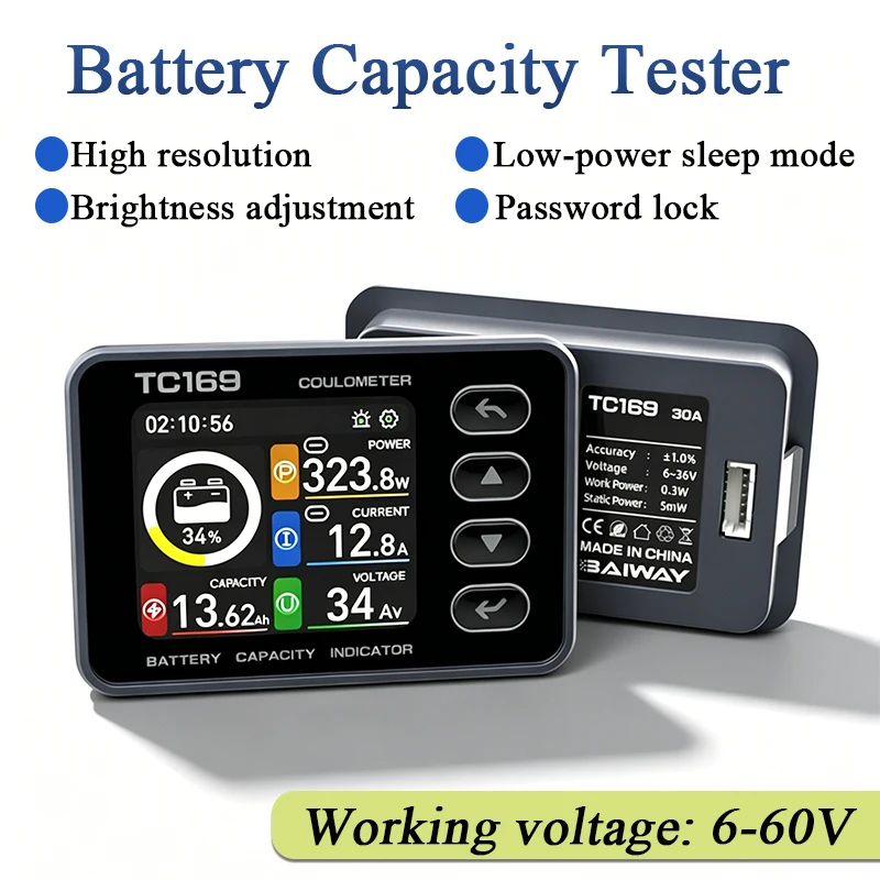 

TC169 High-precision Coulometer DC6-60V Color Screen Battery Capacity Indicator Electric Vehicle Power Meter Voltmeter Ammeter