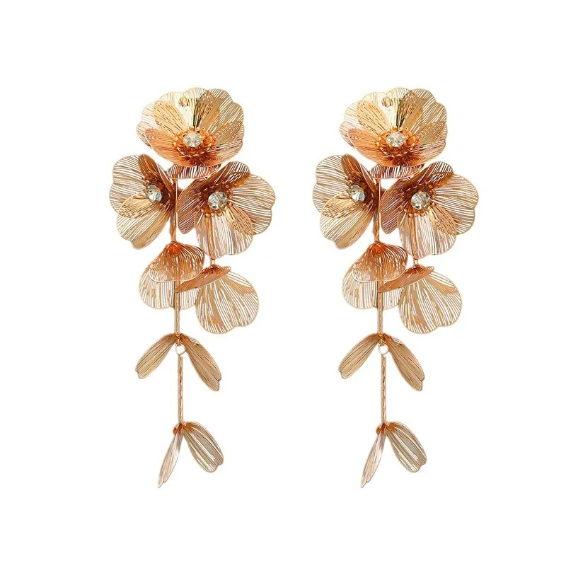 Waterfall Crow's Feet Long Fringed Earrings, Fashionable Diamond-set Flower Personalized Exaggerated Design Earrings