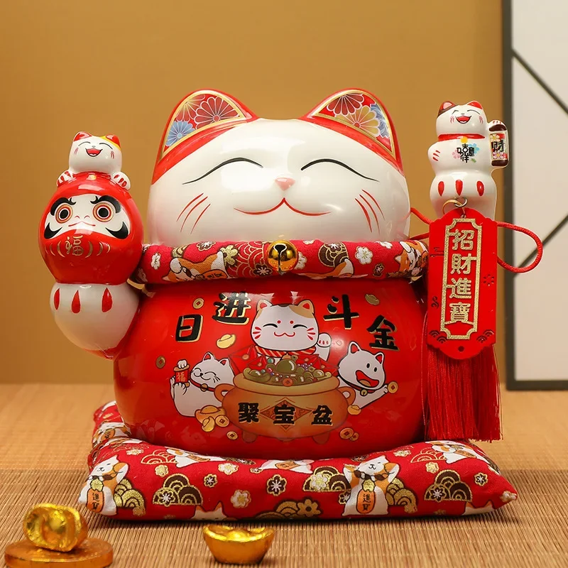 Modern Lucky Cat Money Bank, Festive Red Decor, Cash Register Ornament, Housewarming Gift Piece, Prosperity Charm Decor