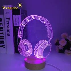 Wooden 3D Earphone Headphone Illlusion Lamp Studio Monitor Headset Music Earphone 3d Night Light Colors Bedroom Table Lamp