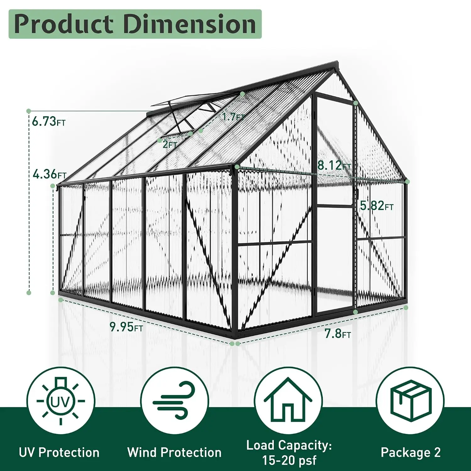 8x10 FT Polycarbonate Greenhouse | Built for All Seasons: Aluminum frame with 2 ventilation windows and swing doors, Customized