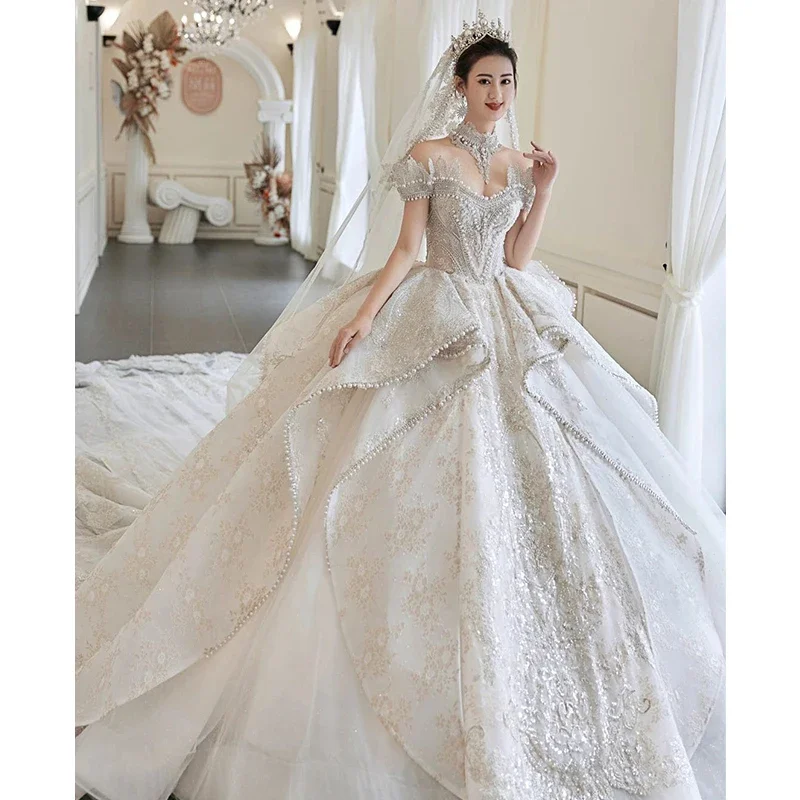 One Shoulder Wedding Dress New Bride Retro High-end Texture Palace Style French Trailing Main Yarn Boho Wedding Dress Vestido