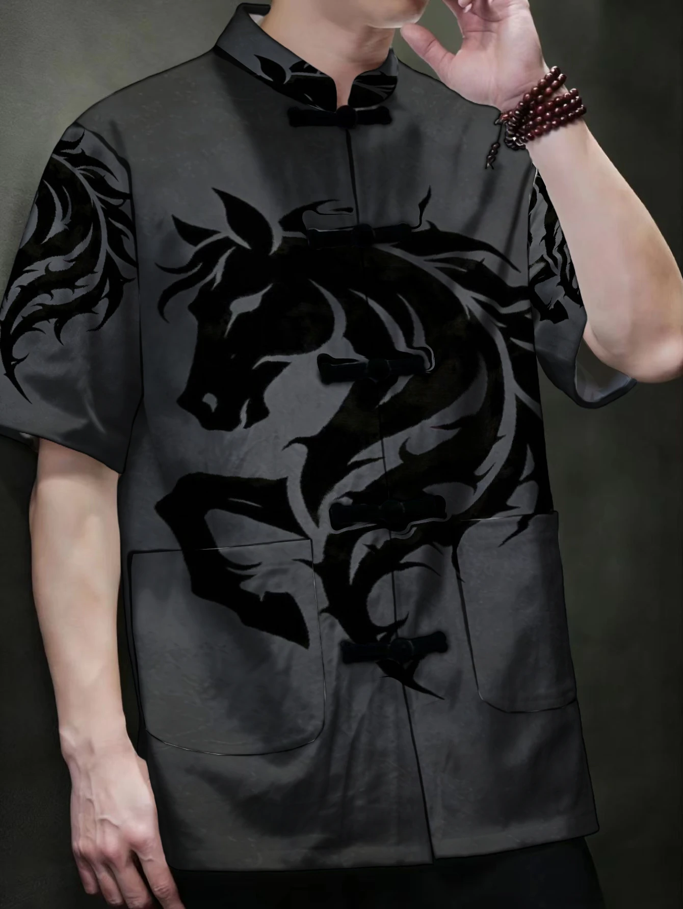 Mens Mandarin Collar Tang Shirt Horse Dragon Print Frog Button Casual Outerwear