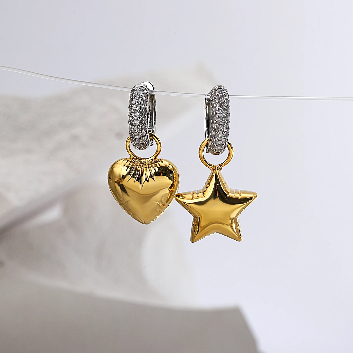 Freetry Asymmetric Gold Color Star Heart Earrings for Women Trend Balloon Micro Inlaid Zircon Drop Earrings Jewelry Gifts