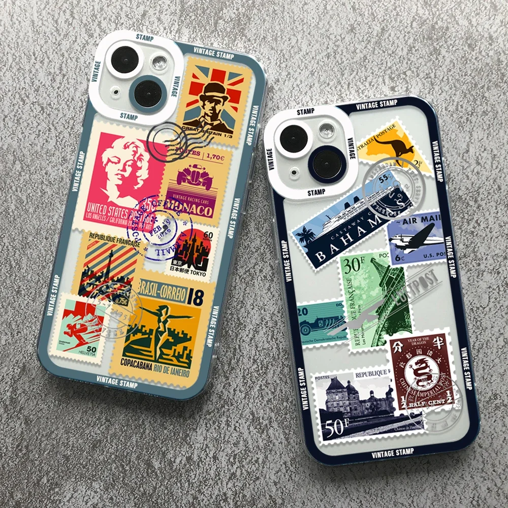

Vintage Stamp Puzzle Phone Case For iPhone 16 15 14 13 12 11 Pro Max Mini X XS SE4 7 8 Plus 16E Shockproof Silicone Cover Fundas