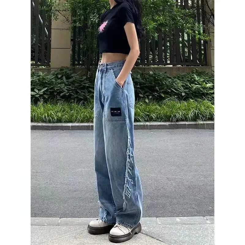 

Retro Blue High Waist Baggy Jeans Women 2024 Autumn Pocket Wide Leg Denim Trousers Woman Streetwear Loose Straight Pants Q306