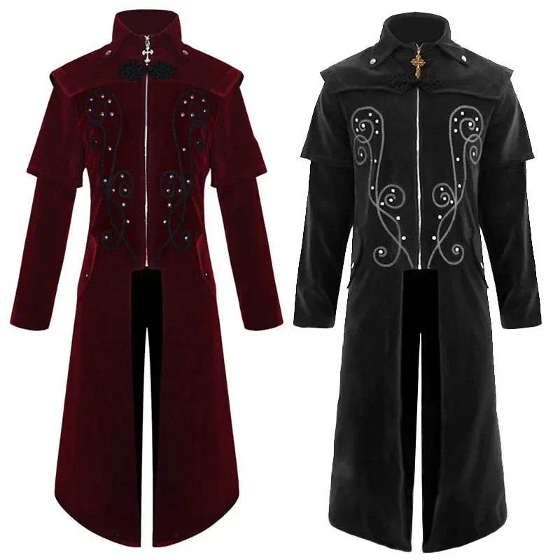 

Medieval Gothic Stand Collar Retro Long Style Red Winter Cross Zipper Coat