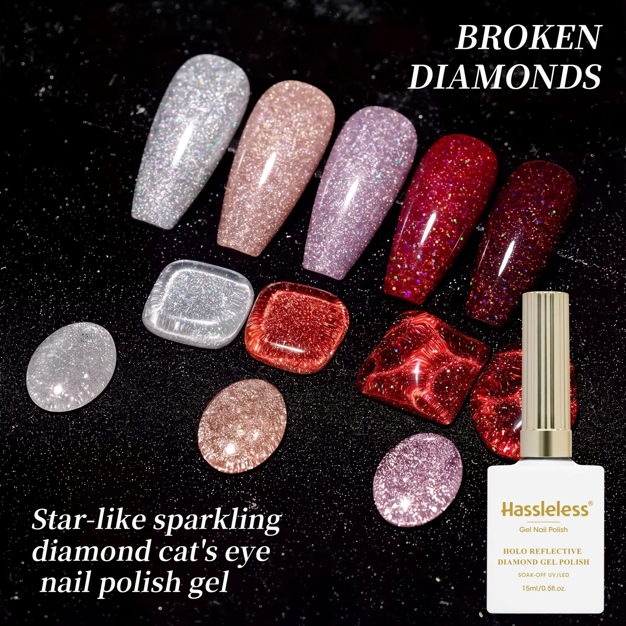 Hassleless 5Pcs Holographic Reflective Diamond Glitter Nail Polish Set, Fine Glitter Nail Polish, Removable Uv Nail Polish, Home Nail Art