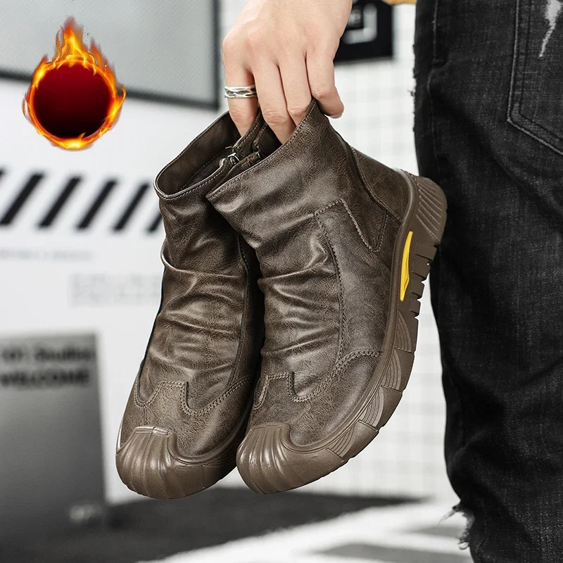 

Men's Boots High Cut Workwear Men Shoes Autumn 2025 Flats Zipper Pleated Non Slip Comfort Thick Soled Wear-resistant Boots Men