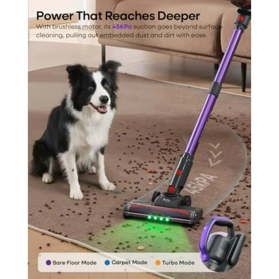 Cordless Vacuum Cleaner for Home, Car, Carpet, Pet Hair: 45KPA Suction, 60min Runtime, Lightweight, 3 Modes, Rechargeable Stick