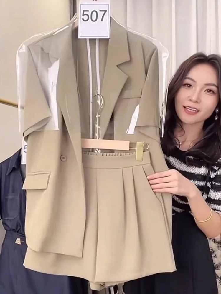 Chic Khaki Suit Jacket And Shorts Set Women's Summer Fashionable Powerful Lady Style Short Sleeve Button up Two Piece Set
