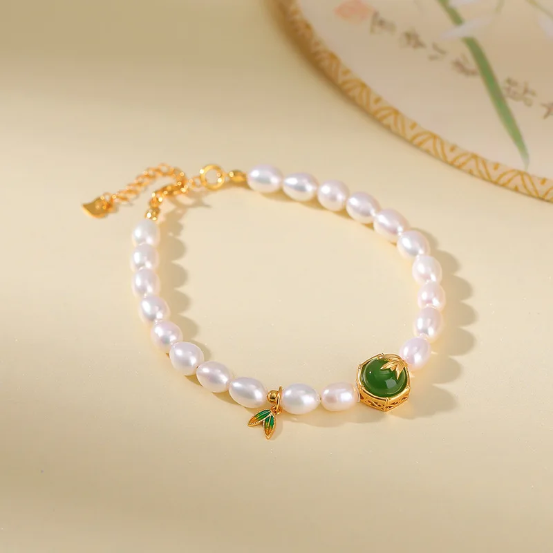 S925 Sterling Silver Gold-Plated Hetian Jade, Freshwater Pearl, Leaf Zen-Inspired Cool And Elegant Bracelet