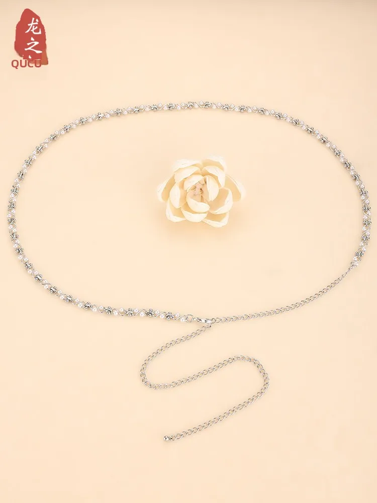 エレガントなメタルパールビーズウエストチェーンベルト-女性用-スカートに合わせて着用できる装飾的なファッションアクセサリー-エイジレスデザイン