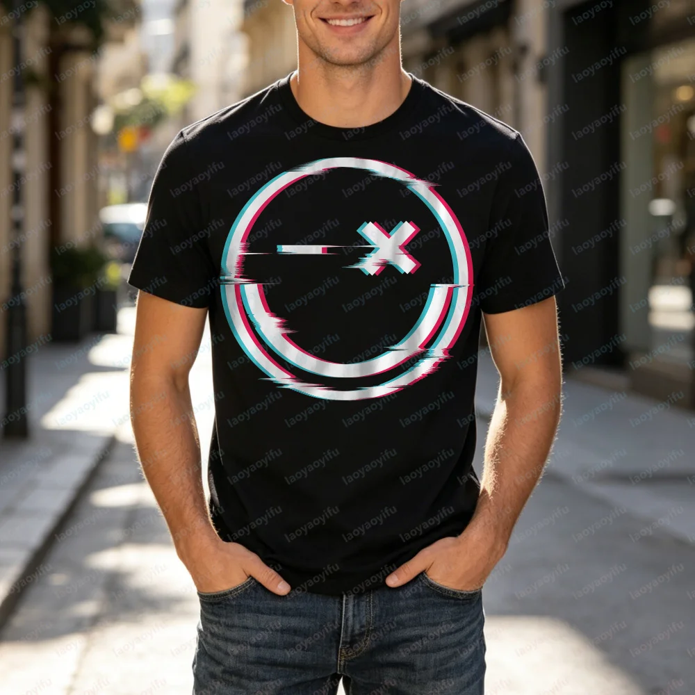 Glitch Smiley T-Shirt Streetwear New Men's and Women's T-shirts Smiley Face Printed T-shirt, Casual Short-sleeve Couple Shirt