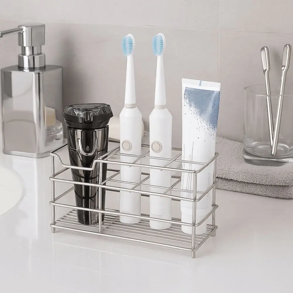 

Stainless Steel Toothbrush Holder Easy to Clean Non-Slip Toothpaste Holder Stand Black/Silver Saving Space