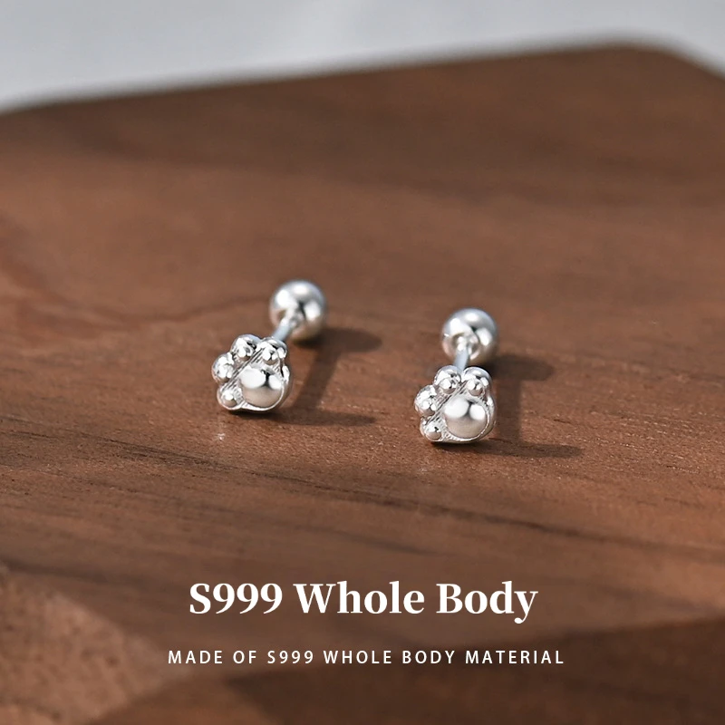 S999 Sterling Silver Cat Paw Screw-Back Studs – Cute Animal Cartilage Earrings Minimalist Versatile Jewelry for Women