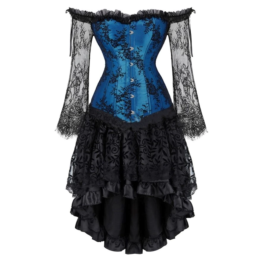 Sexy Off-Shoulder Lace Embroidery Floral Corset Top Burlesque Lingerie Bustier Gothic Asymmetrical Skirt Party Elegant Outfit