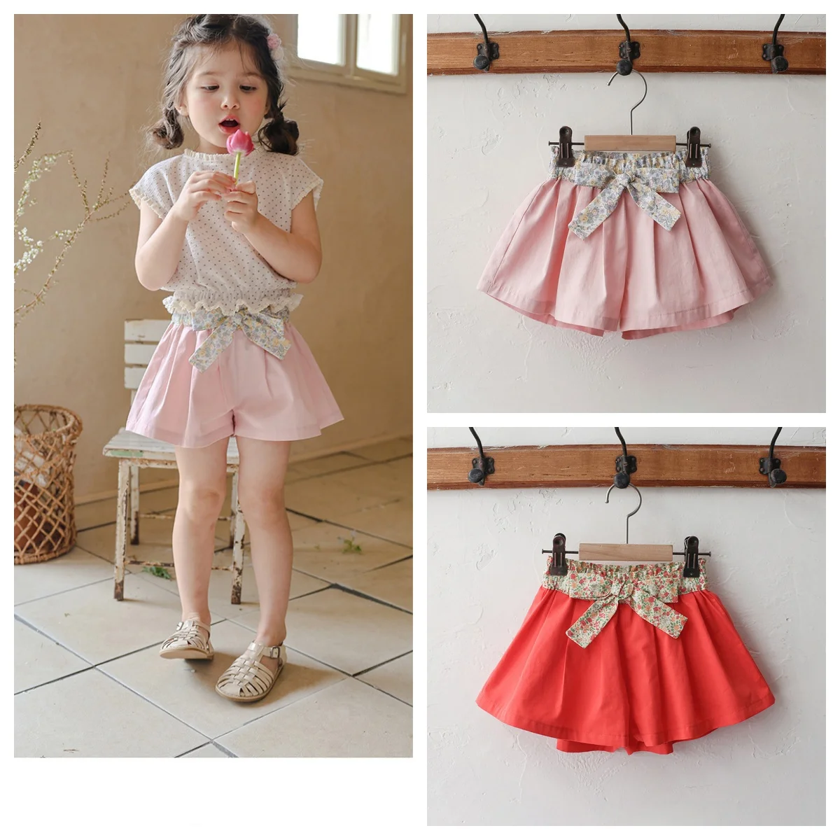 

Summer 2025 Pink Korean Children's Baby Girls' Stylish And Sweet Floral Waist Cotton Loose Wide-Leg Shorts Pant