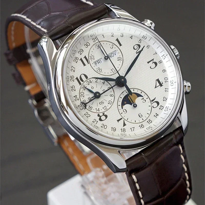 Luxury New Mens Mechanical Watch Moon Phase Automatic Brown Leather Master Relogio Masculino