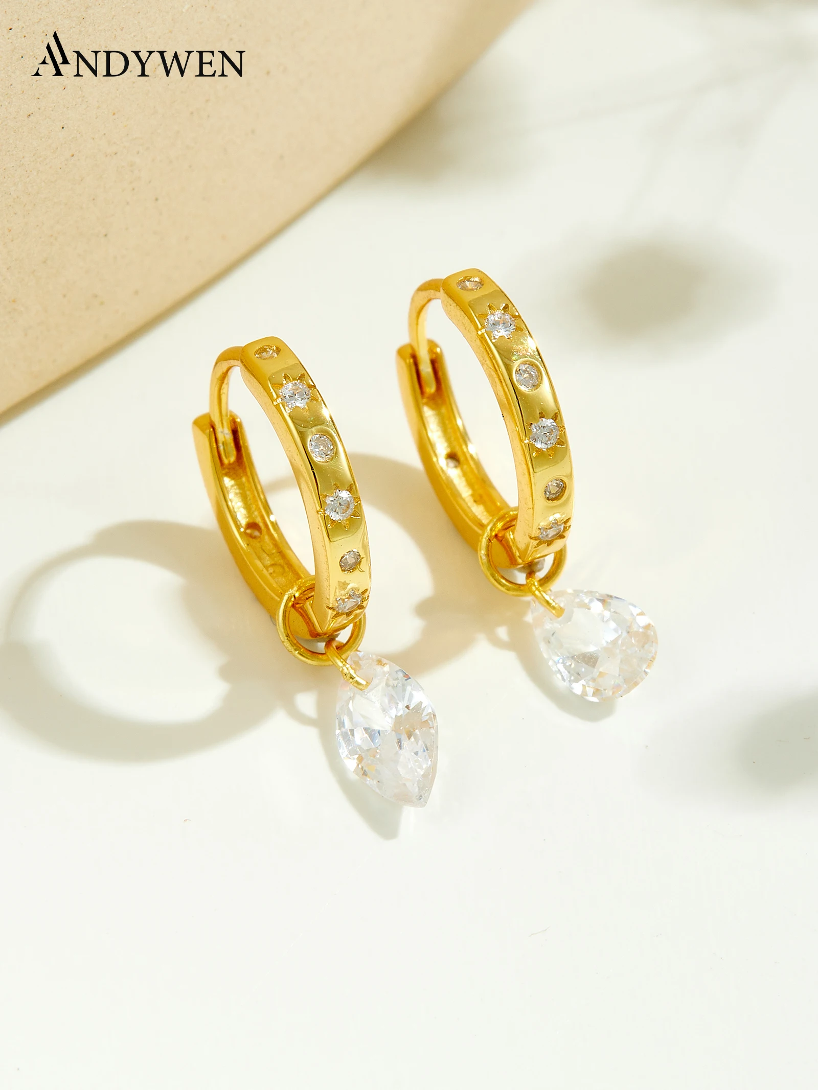 

Серебряная серьга-кафф ANDYWEN 925 пробы в форме капли, с одним подвесом из фианита, изящное ювелирное украшение в подарочной коробке для женщин, для вечернего образа