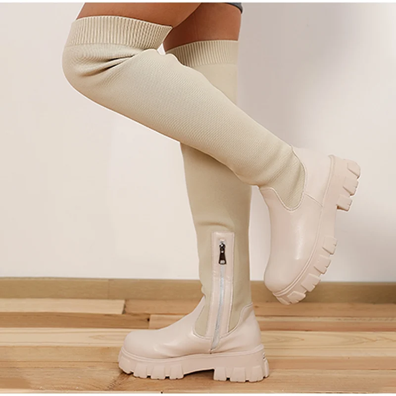 BKQU Fashion All-match Autumn and Winter Women's Shoes Flying Woven Over The Knee Boots Casual Long Tube Women's Skinny Boots