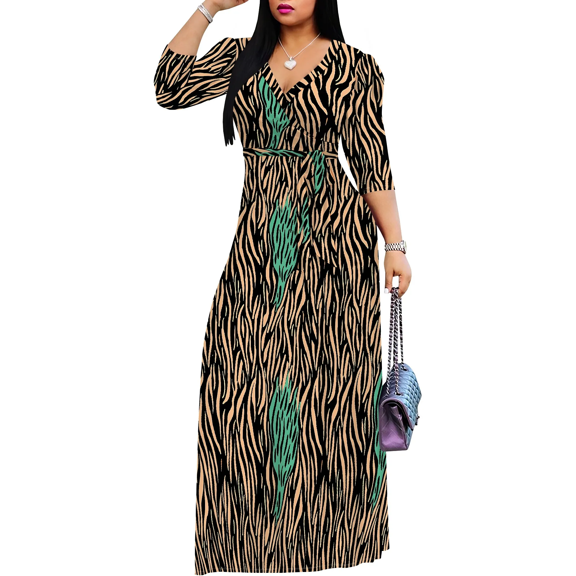 Maxi Dress for Women Casual Long Summer Sundress V-Neck 3/4 Sleeves Wrap Tie Waist Dress with Belt