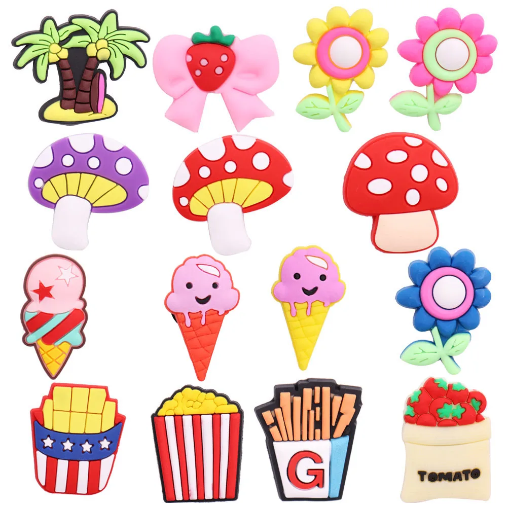1PCS PVC Shoe Charms Strawberry Popcorn Tomato Fries Ice Cream Coconut Tree Flower Mushroom Buckle Clog Garden Shoes Ornament