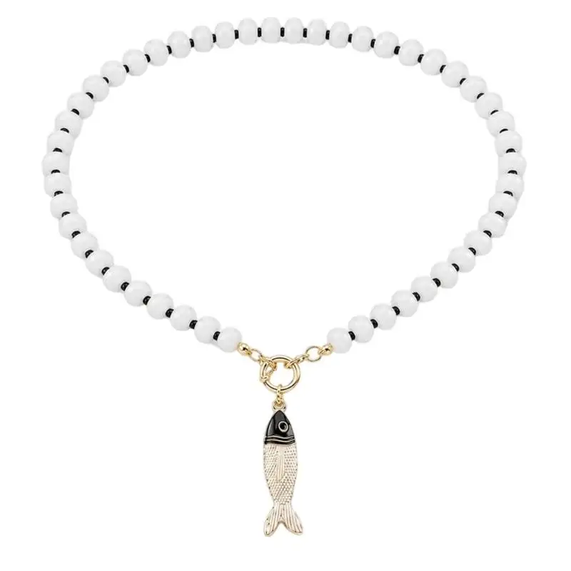 31BB Single-Strand Fish Clavicle Necklace with Natural Stone Beads and Front Toggle-Ring Closure for Vacation Outfit Styling
