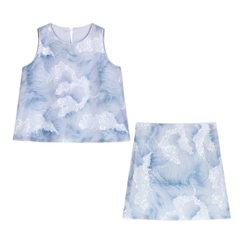 Women Fashion Blue Sweet Sequin Suit Sleeveless Top+ Skirt Two-piece High Quality Chic French Wedding Party Two-piece Lady Suit