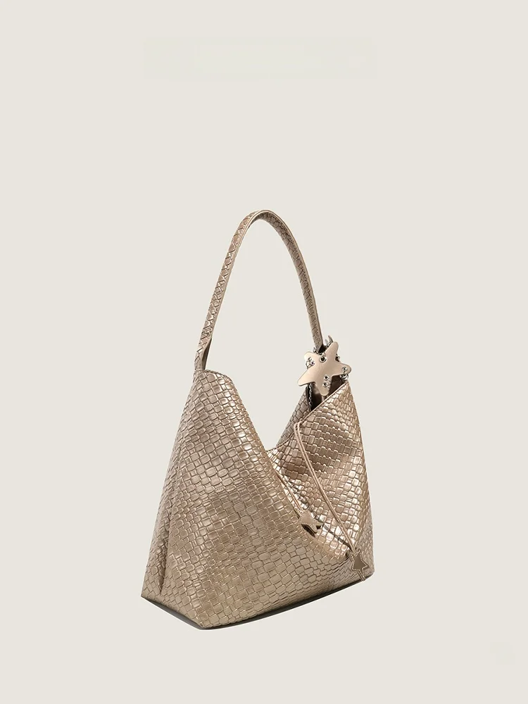 

Champagne Color Woven Tote Bag Large Capaci Commuter Handbag Single oulder Faionable Buet Bag Trendy Youth Commute